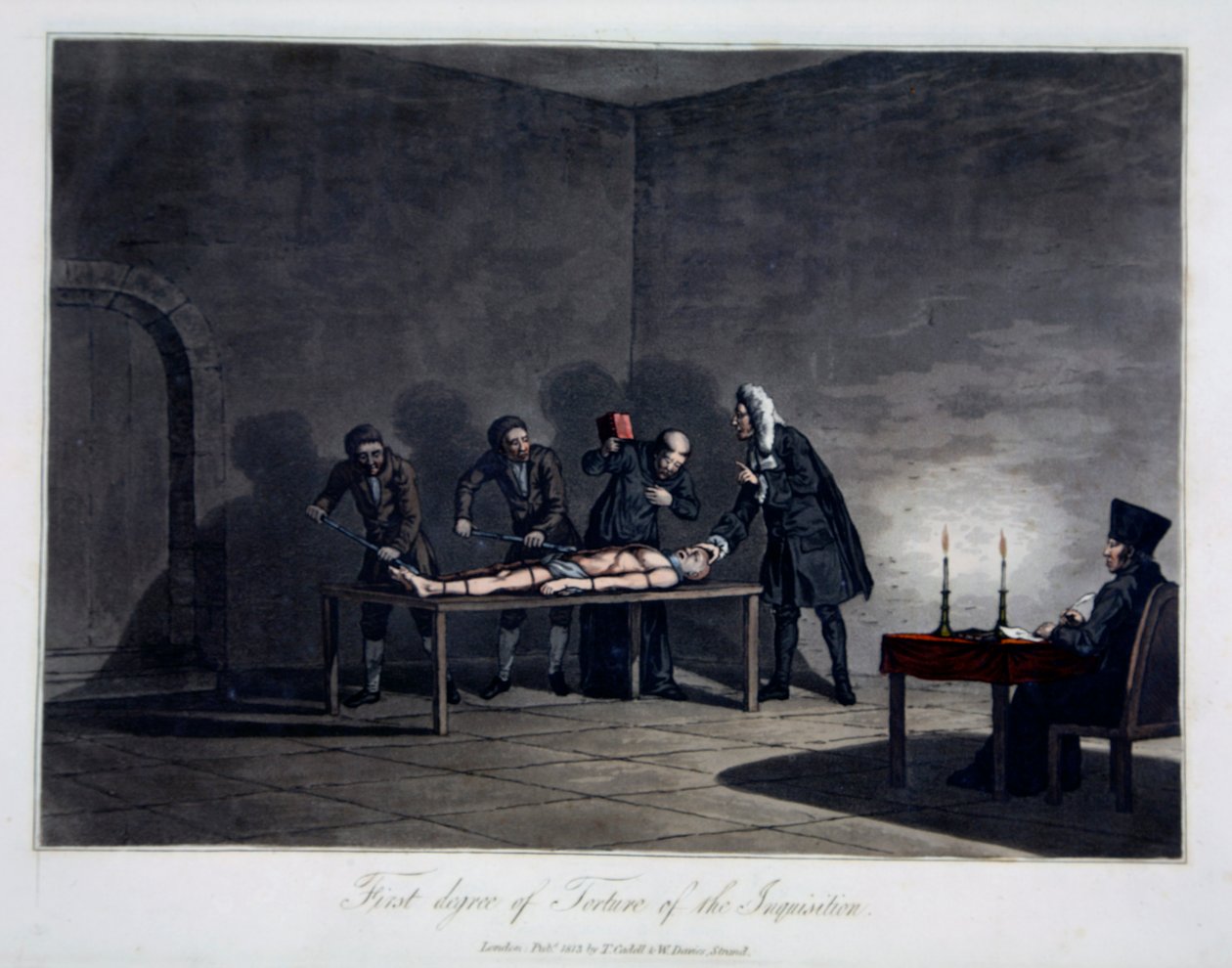Pierwszy stopień tortur Inkwizycji, wyryty przez L.C. Stadler, wyd. Cadell & Davies, Londyn, ok. 1813 (kolorowy grawer) autorstwa English School