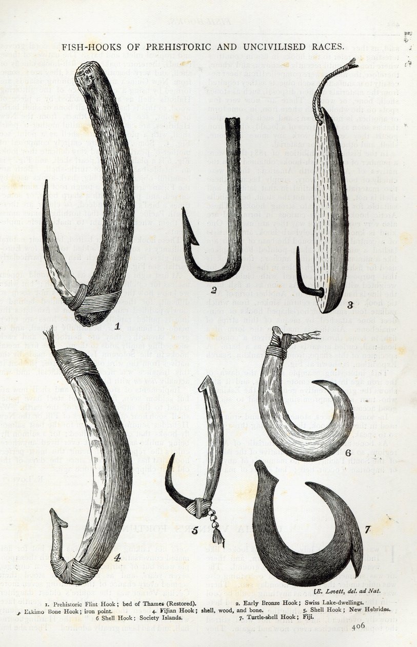 Haczyki na ryby ras prehistorycznych i niecywilizowanych, z „Godziny wypoczynku”, 1888 (rycina) autorstwa English School