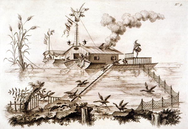 Łowienie kormoranów przy użyciu łodzi wodnej i ogrodzonego ogrodzenia, ilustracja z „Traktatu o japonowaniu i lakierowaniu…” autorstwa George