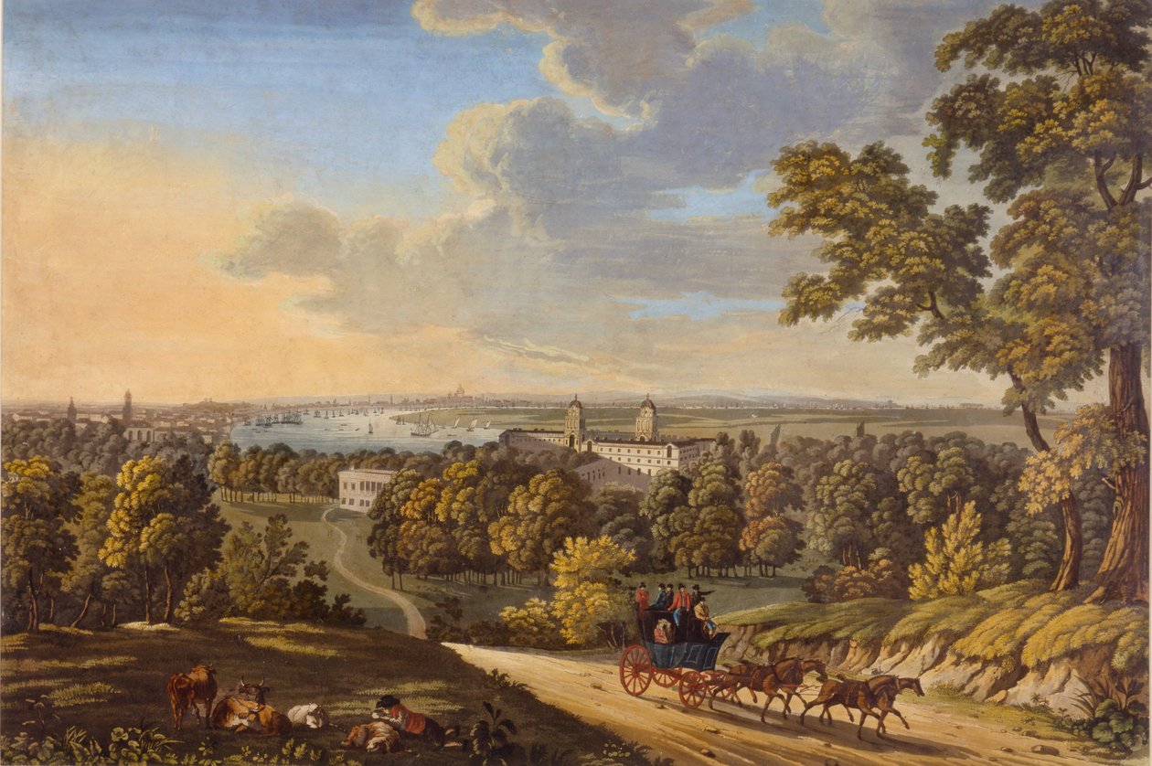 Flamstead Hill, Greenwich: Dyliżans jadący na południe ok. 181020 (wc na papierze) autorstwa English School