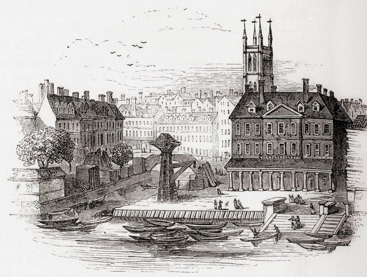 Fleet Ditch, Londyn, Anglia w 1749 r. W miejscu, w którym wpadała do Tamizy w Bridewell, ze Starej Anglii: A Pictorial Museum, wyd. 1847 autorstwa English School