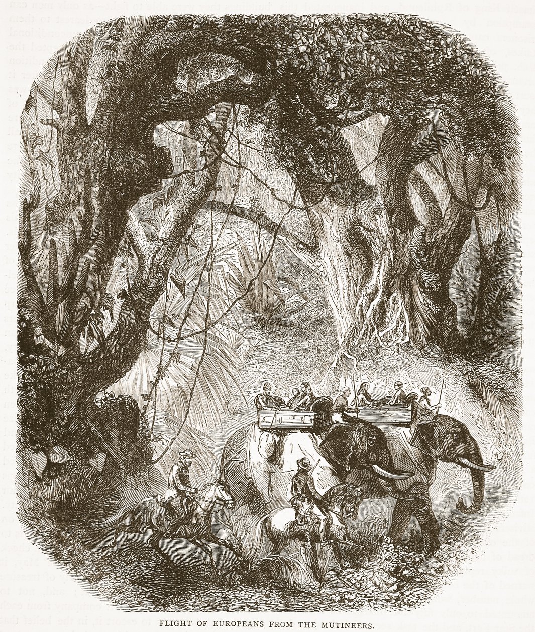 Ucieczka Europejczyków przed buntownikami, ilustracja z Cassells Illustrated History of England autorstwa English School