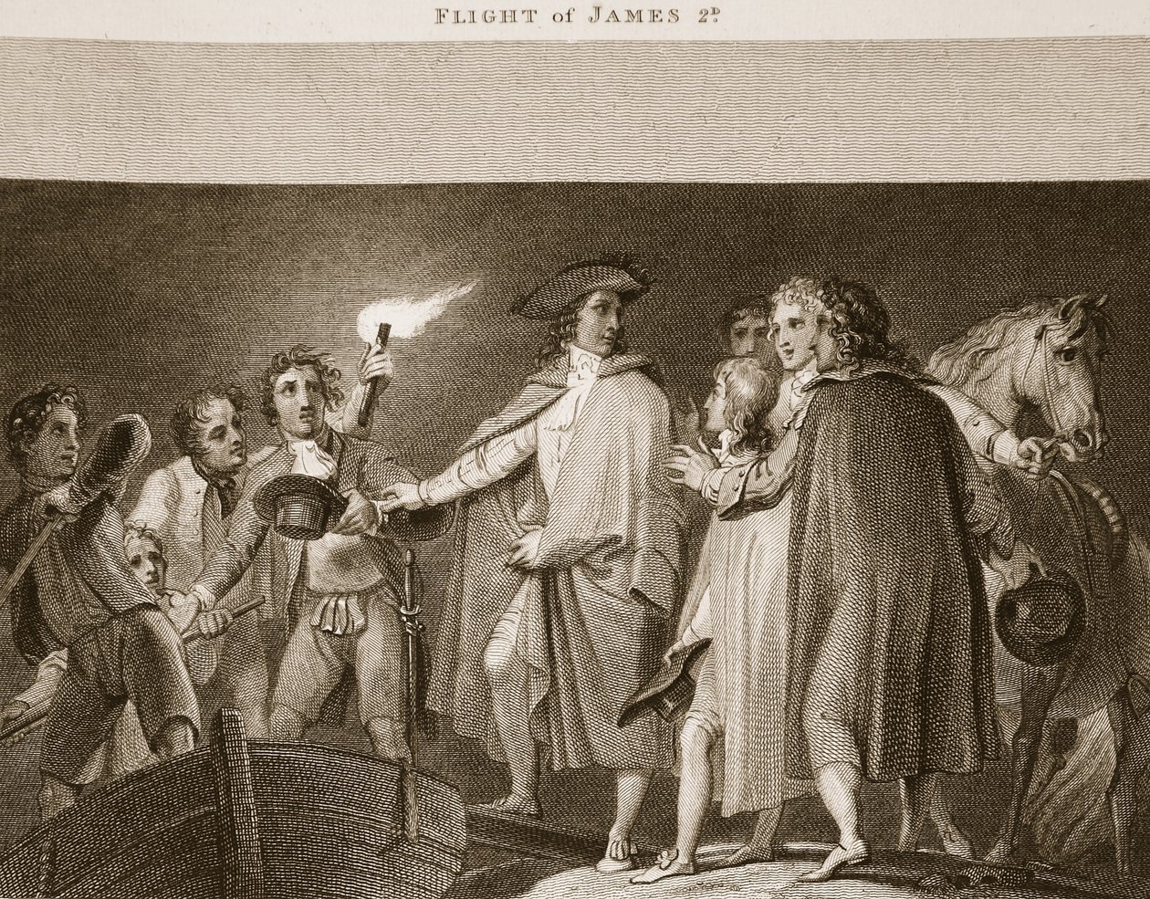 Lot Jakuba 2nd, ilustracja z David Hume The History of England, wyd. R. Bowyer, Londyn, 1812 r. autorstwa English School