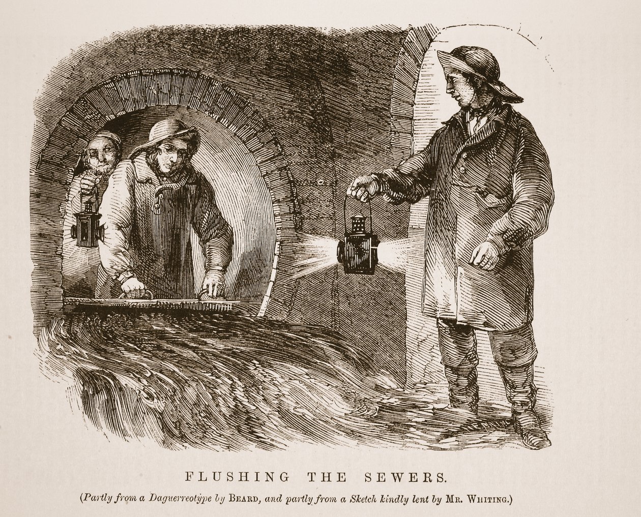 Płukanie kanałów, częściowo z dagerotypu Richarda Bearda, a częściowo ze szkicu uprzejmie pożyczonego przez pana Whitinga, ilustracja z London Labor i London Poor Henry