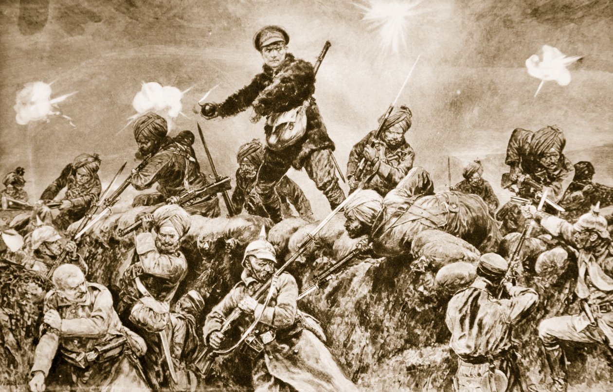 Ku chwale Raju: oddziały indyjskie szarżujące na niemieckie okopy w Neuve Chapelle, marzec 1915, 1914-19 autorstwa English School