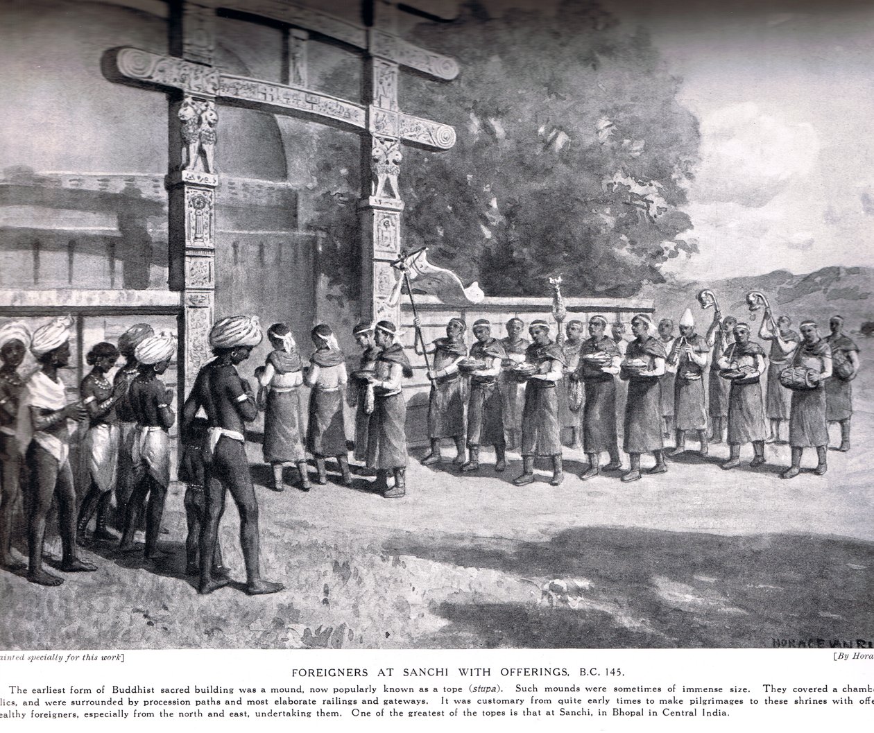 Cudzoziemcy w Sanchi z ofiarami w 145 pne, ilustracja z Historii Narodów Hutchinsonów, c.1910 autorstwa English School