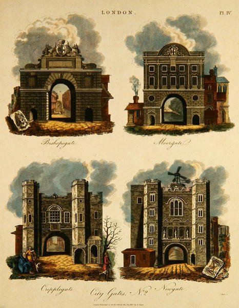 Cztery Bramy Miejskie: Bishopsgate, Moorgate, Cripplegate i Newgate, grawerowane przez J. Pass, wyd. przez G. Jones autorstwa English School