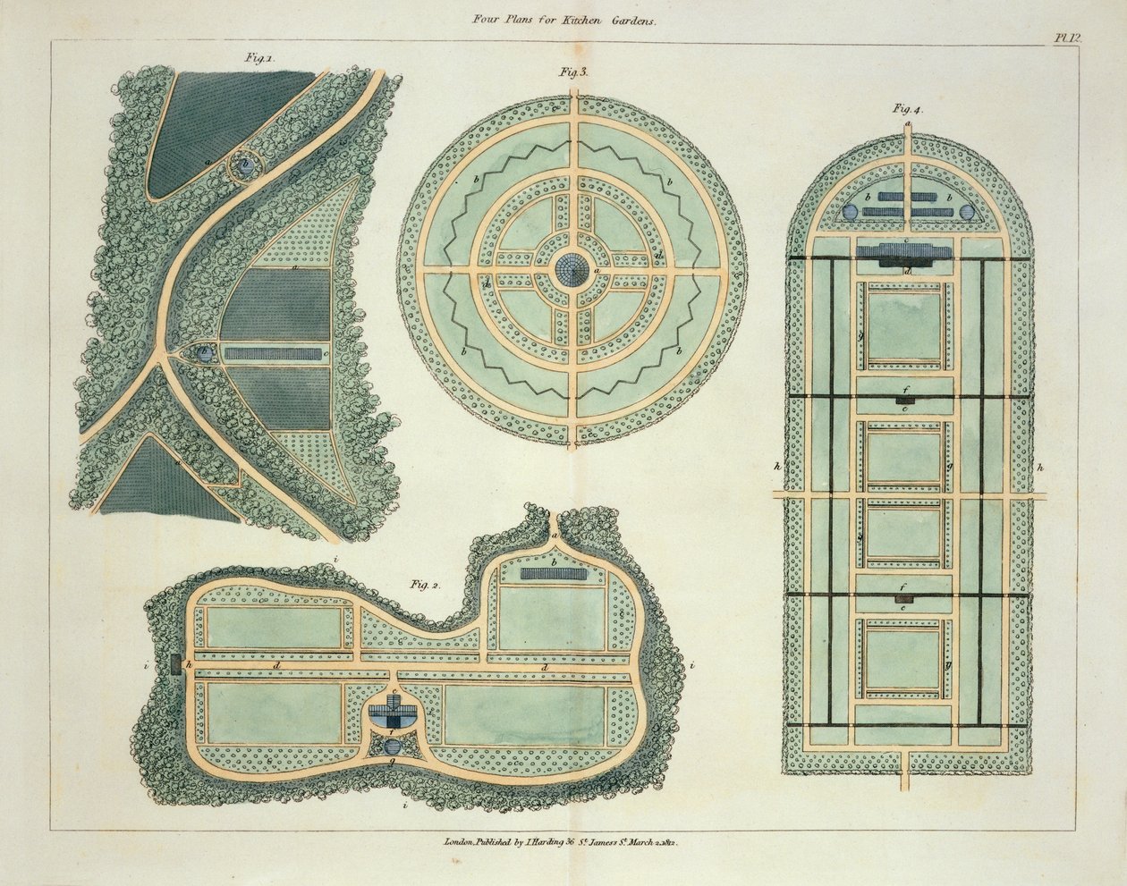Cztery plany ogrodów kuchennych, z Wskazówek na temat tworzenia ogrodów i terenów dla przyjemności Johna Claudiusa Loudona (1783-1843) opublikowanej w 1812 r. autorstwa English School