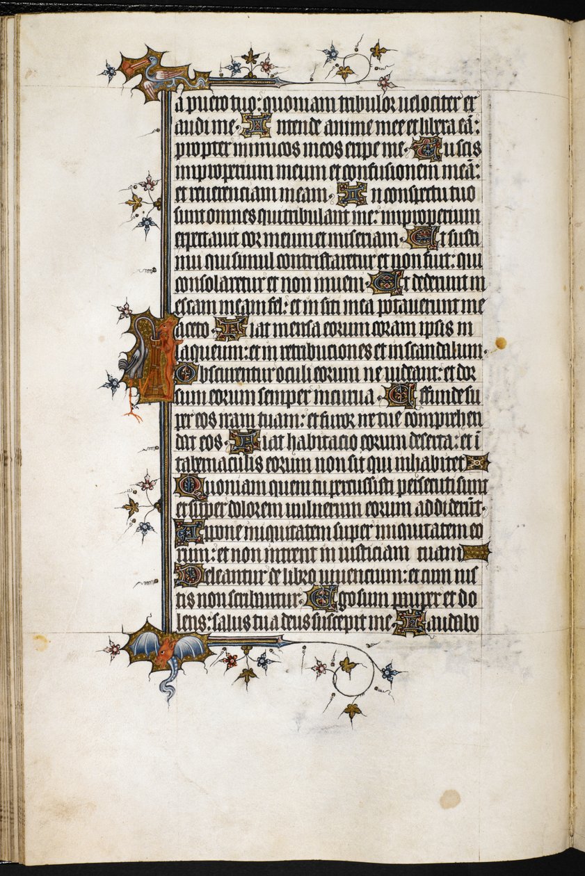Lis i bocian w detalu granicznym MS Egerton 3277, f.47v, z „Psałterza Bohuna” (welum) autorstwa English School