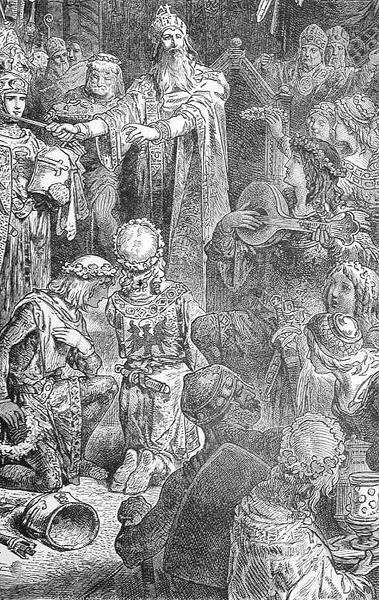 Dwór Fryderyka Barbarossy (1123-90) w Mayence, z „Historii Francji”, autorstwa Emile de Bonnechose, wydanej przez Ward, Lock and Co, Londyn (rycina) autorstwa English School