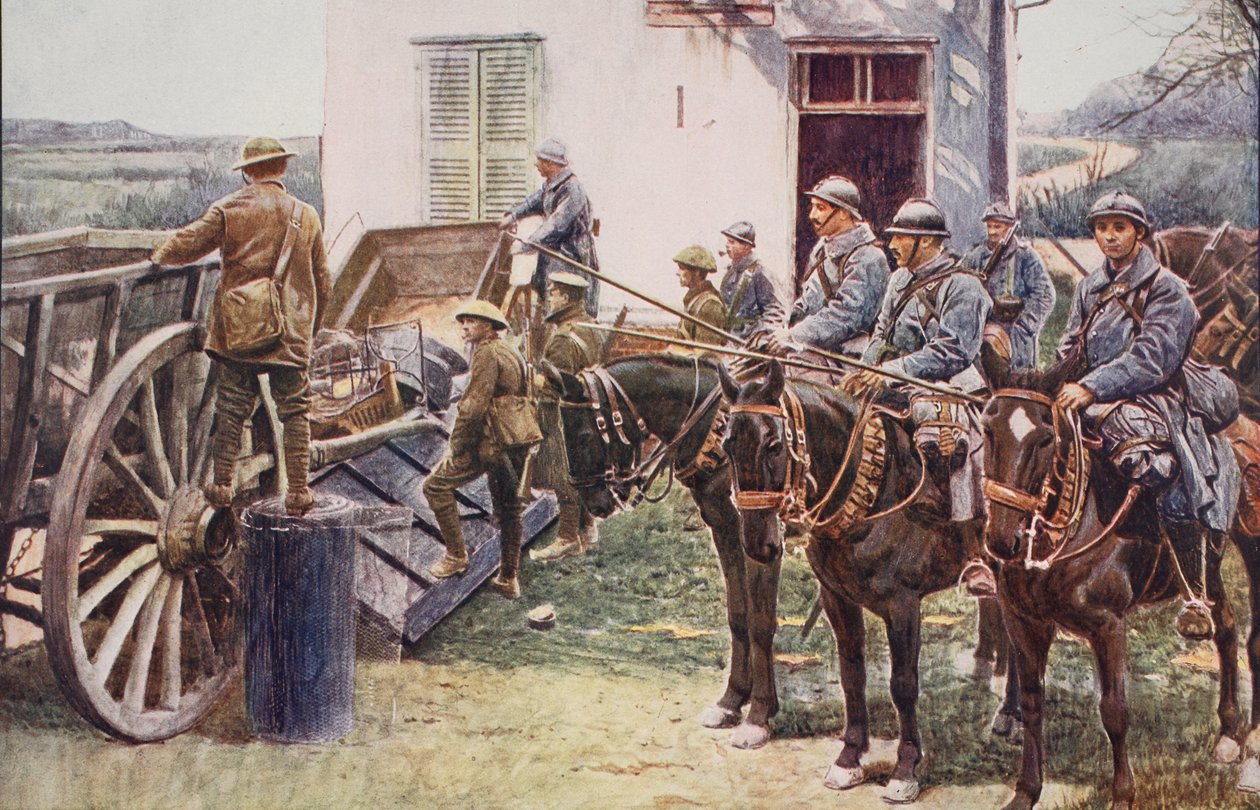Francuscy lansjerzy przybywający do wiejskiej placówki, przybywający na pomoc siłom brytyjskim, 1914-19 autorstwa English School
