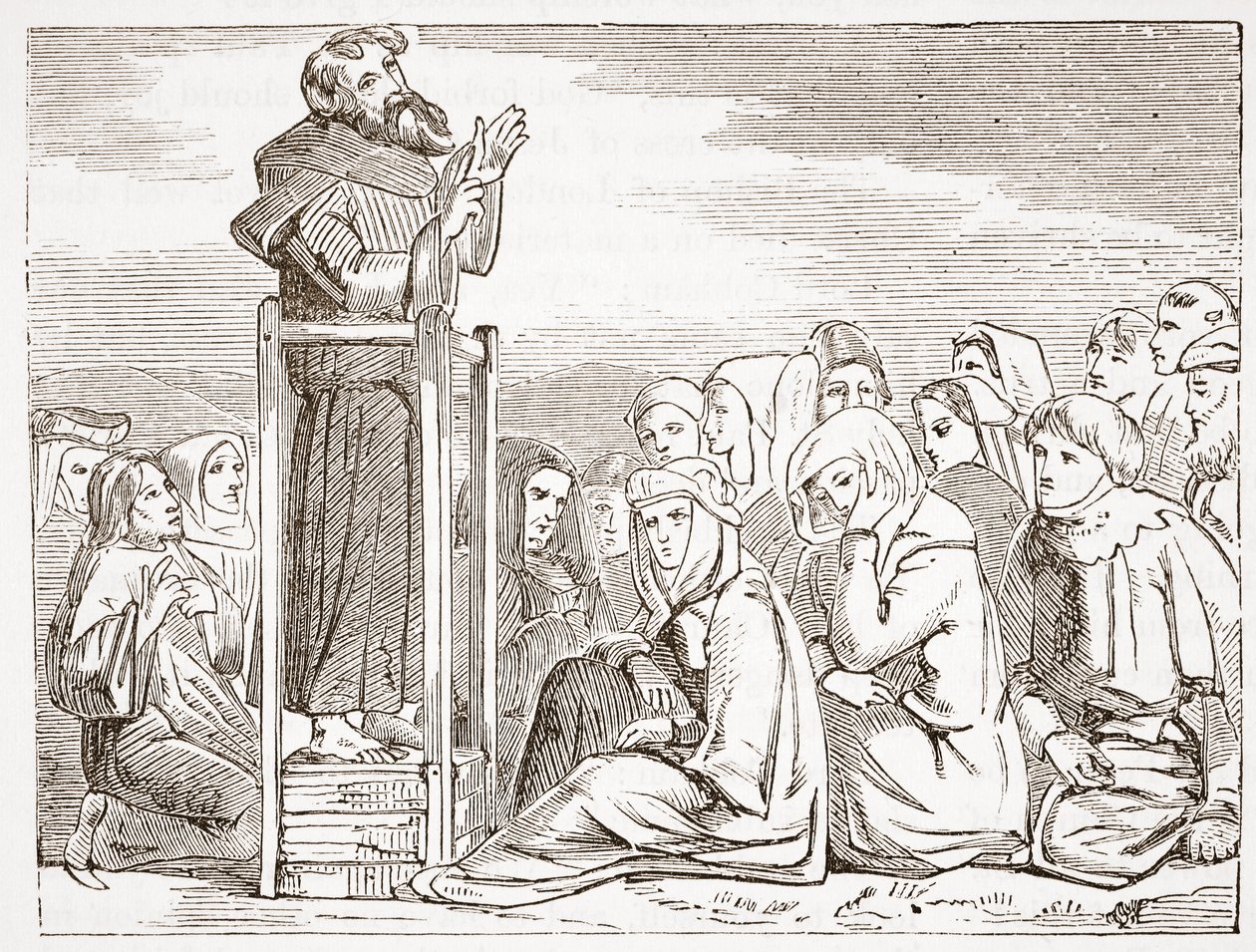 Brat przemawia z ruchomej ambony, ilustracja z Historii protestantyzmu Jamesa Aitkena Wylie (1808-1890), wyd. 1878 autorstwa English School