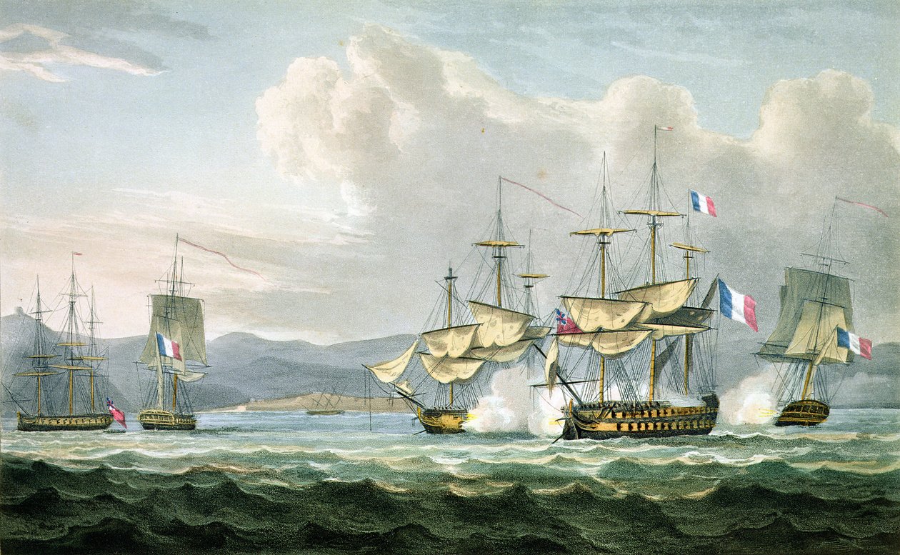 Akcja fregaty w Vizagapatam Roads, w pobliżu Indii, 18 września 1804, grawerowana przez T. Sutherlanda dla The Naval Chronology of Great Britain autorstwa J. Ralfe, opublikowanej 1820 autorstwa English School