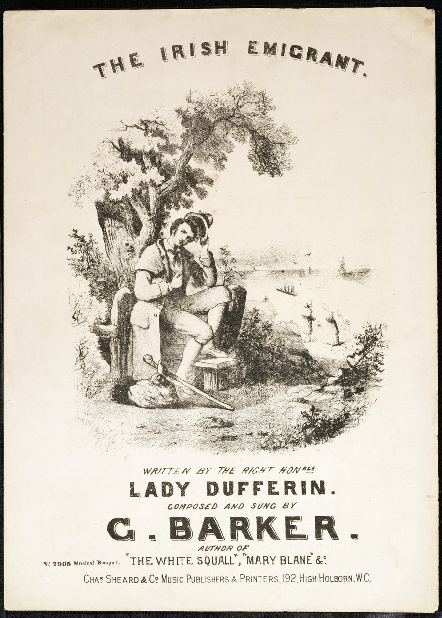 Okładka nuty do utworu The Irish Immigrant, napisana przez Lady Dufferin, skomponowana przez G. Barker autorstwa English School