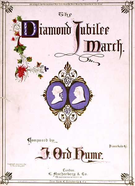 Okładka nuty do „Marszu Diamentowego Jubileuszu”, skomponowanego przez J. Orda Hume autorstwa English School