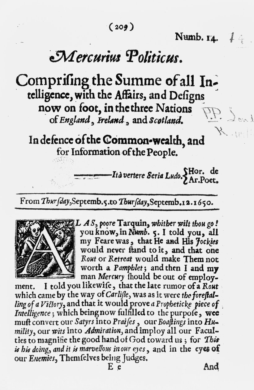 Strona tytułowa, od Mercurius Politicus, w obronie Rzeczypospolitej i dla Informacji Ludowej, 1650 autorstwa English School