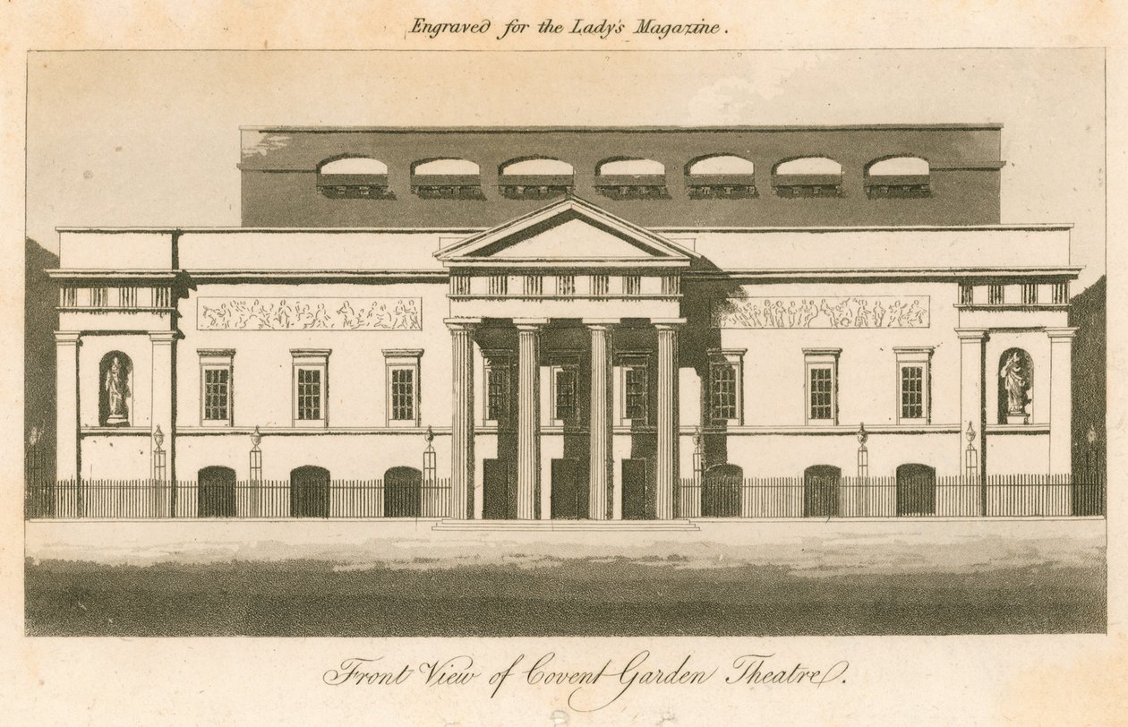 Widok z przodu teatru Covent Garden w Londynie (grawerunek) autorstwa English School