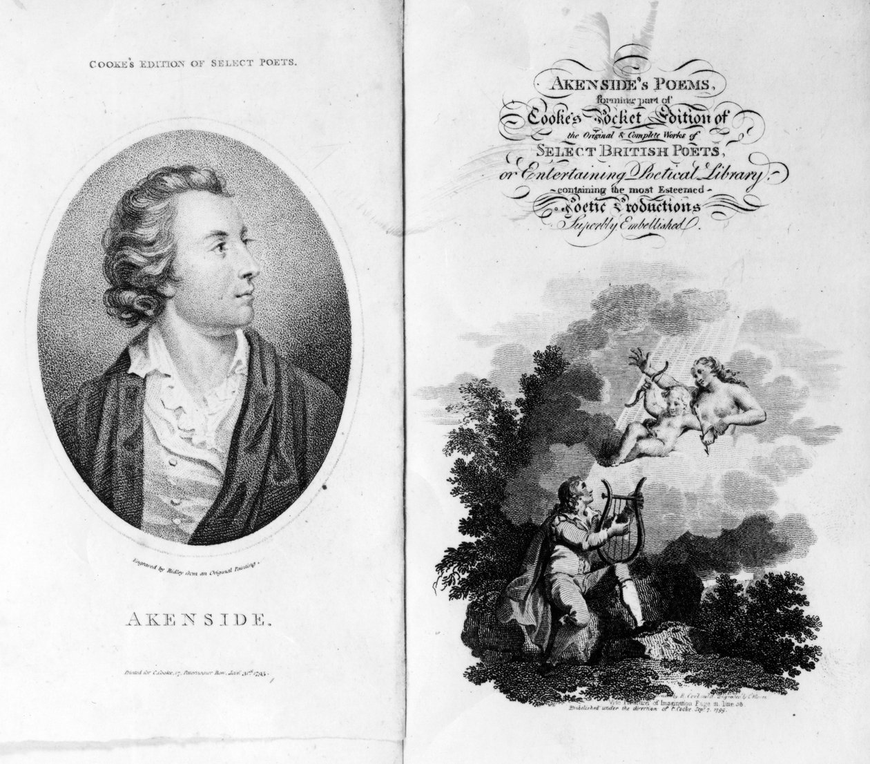 Frontispiece i strona tytułowa do Akensides Poems z Cookes Pocket Edition of Select British Poets, opublikowane 1799 autorstwa English School