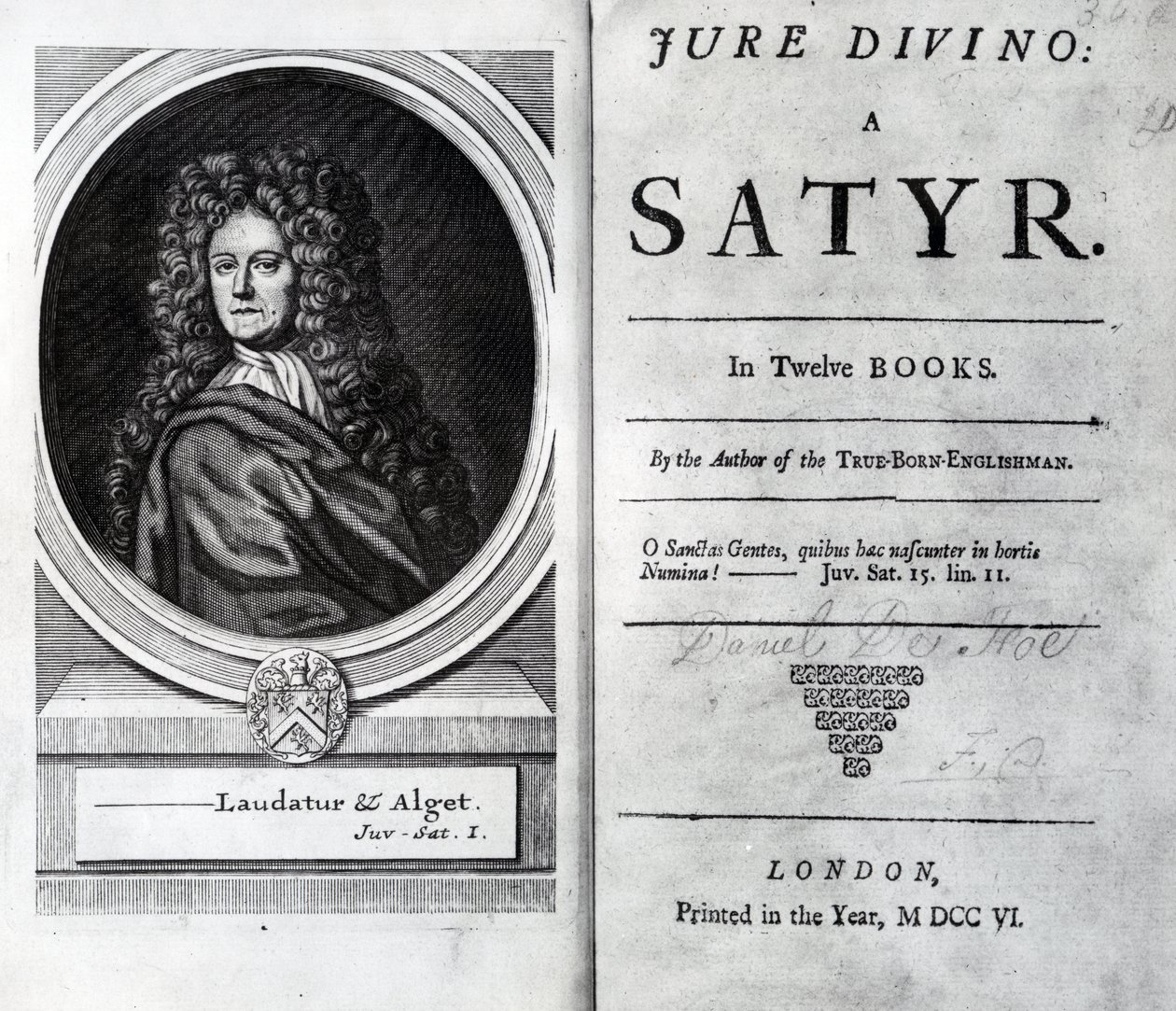 Frontyspis i strona tytułowa dla Jure Divino: A Satyr autorstwa Daniela Defoe, opublikowane w 1706 r. autorstwa English School