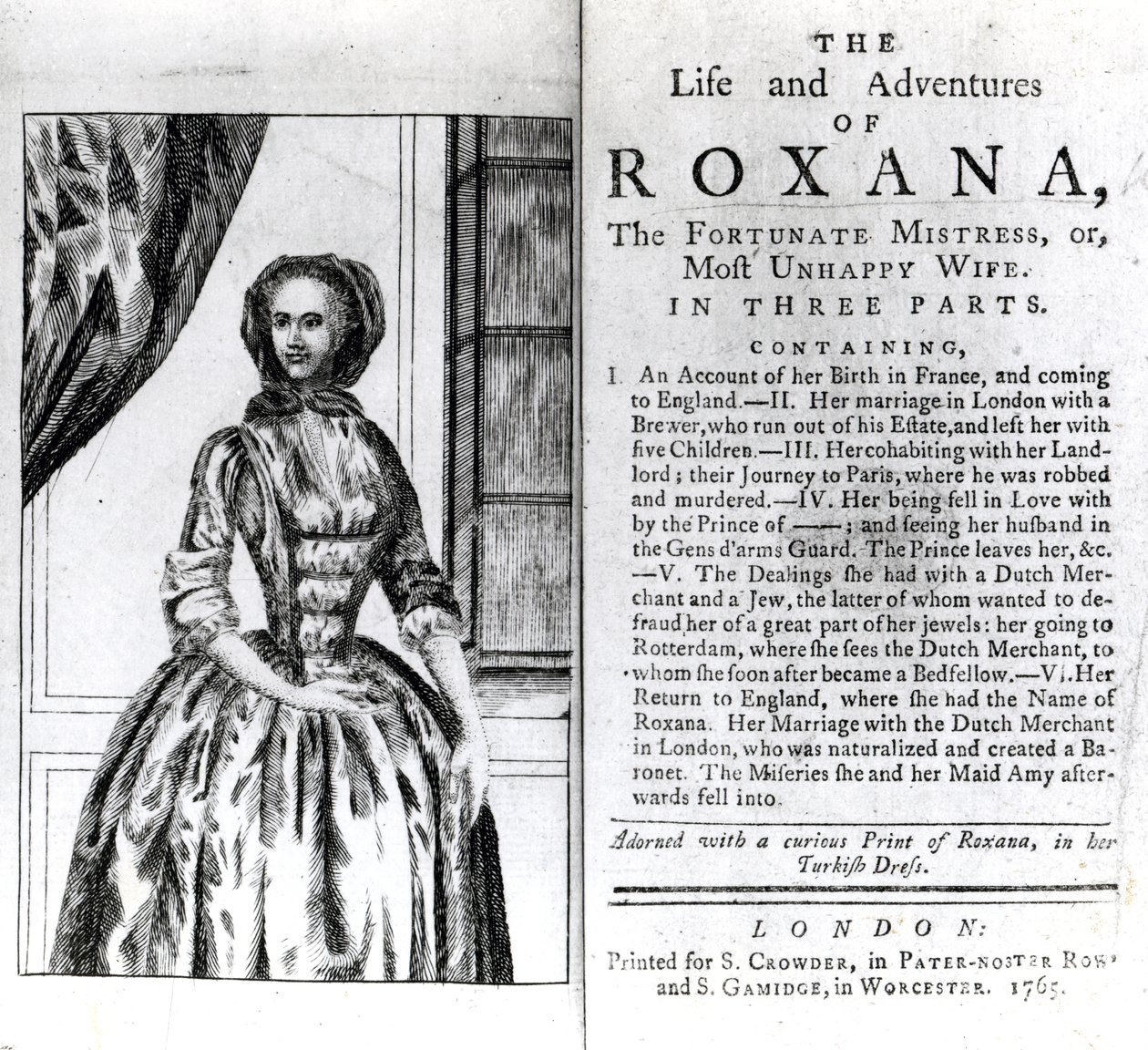 Frontyspis i strona tytułowa The Life and Adventures of Roxana autorstwa Daniela Defoe, opublikowana w 1765 r autorstwa English School
