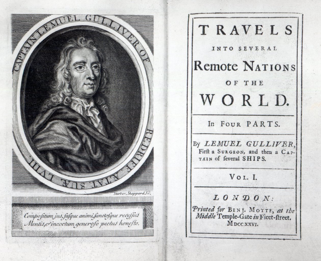 Frontyspis i strona tytułowa do podróży Guliwera autorstwa Jonathana Swifta, 1726 autorstwa English School