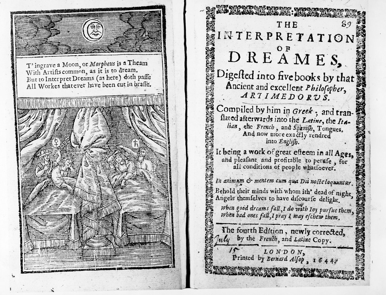 Frontyspis i strona tytułowa do The Interpretation of Dreams Artemidora, wydanie angielskie wydane w 1644 r. autorstwa English School