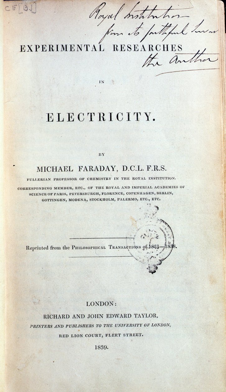 Frontispiece for Experimental Researchs in Electricity autorstwa Michaela Faradaya (1791-1867) opublikowany w 1839 r. autorstwa English School