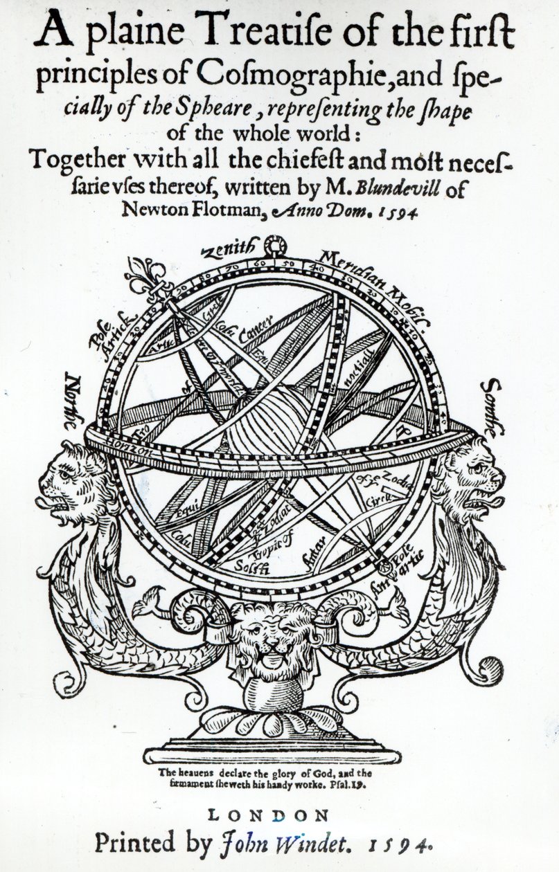 Frontyspis z A Plain Treatise of the First Principles of Cosmographie autorstwa Thomasa Blundeville, opublikowany w 1594 roku autorstwa English School