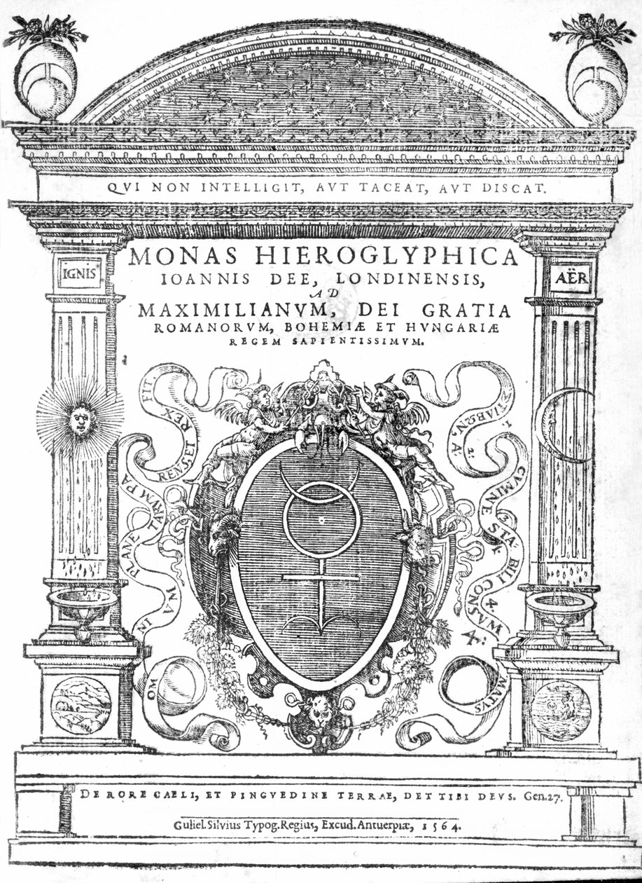 Frontyspis z Monas Hieroglyphica autorstwa Johna Dee, opublikowany w 1564 roku (druk) autorstwa English School