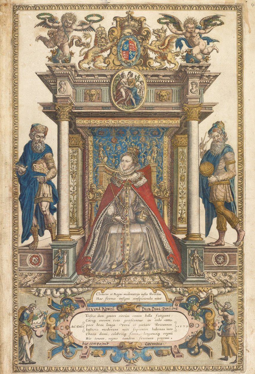 Frontyspis Atlasu krajów Anglii i Walii autorstwa Christophera Saxona, Londyn 1579 (rycina ręcznie kolorowana) autorstwa English School