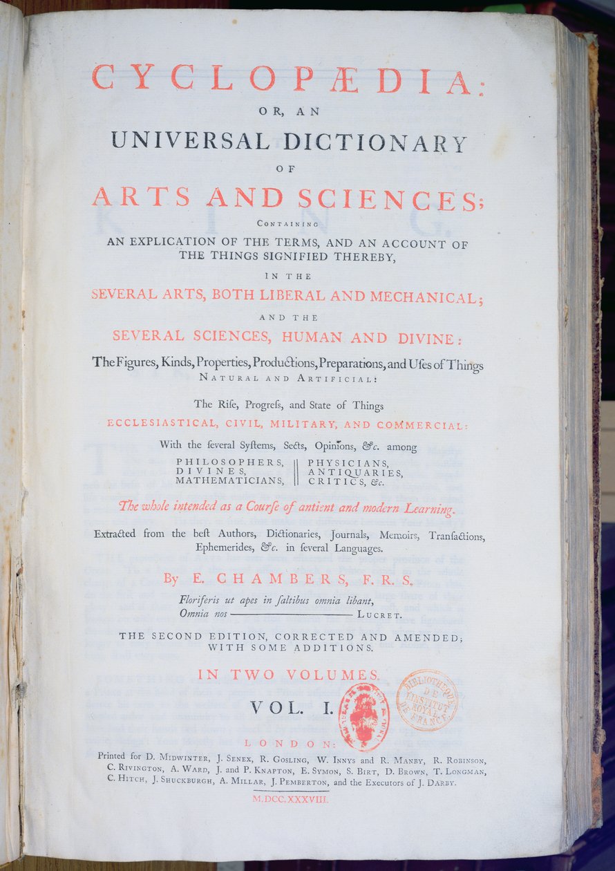 Frontispiece of Encyclopaedia: An Universal Dictionary of Arts and Sciences, tom. I, Ephraim Chambers, Londyn, 1738 (papier drukowany) autorstwa English School