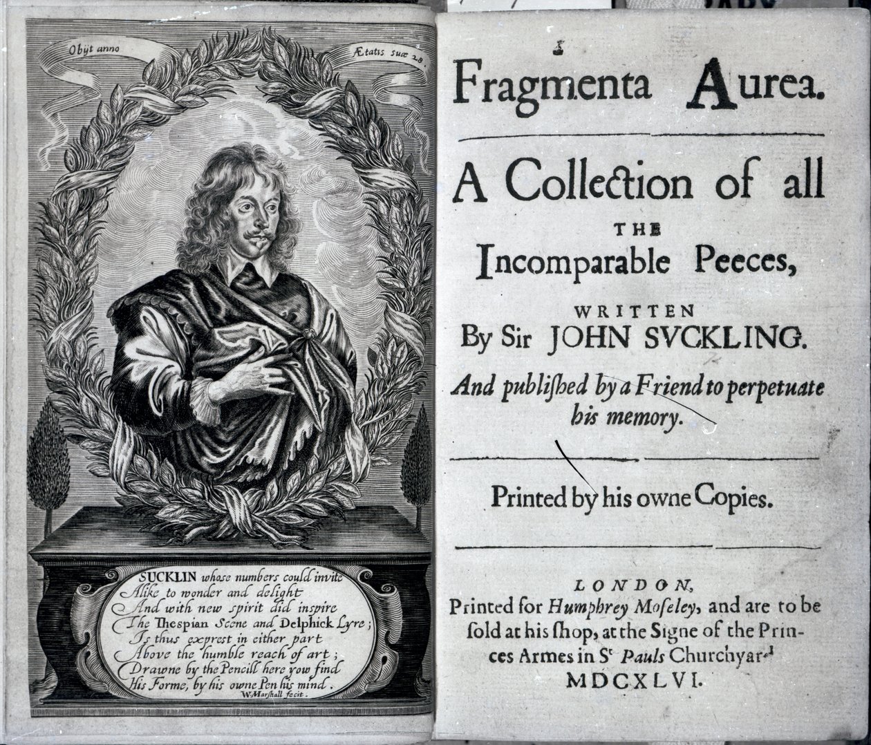 Frontyspis Fragmenta Aurea, zbiór wszystkich nieporównywalnych peeces autorstwa sir Johna Sucklinga, opublikowany w 1646 r. autorstwa English School