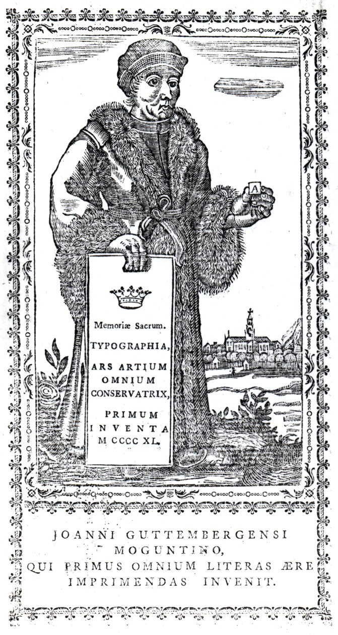 Frontyspis Johannesa Gutenberga z Zwięzłej historii powstania i postępu druku Philipa Luckombe, wydany w 1770 r. autorstwa English School