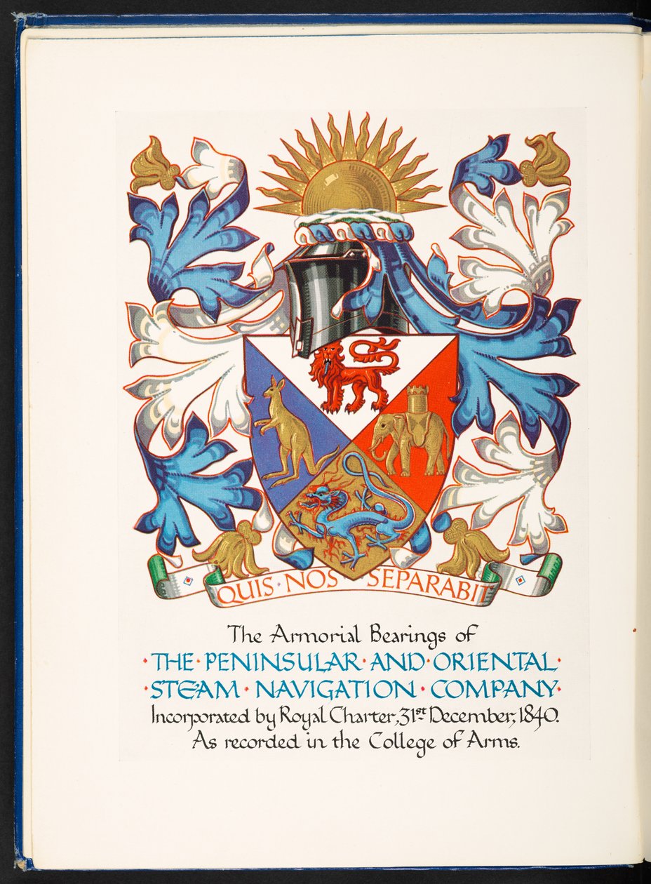 Frontyspis „The Armourial Bearings of the Peninsular and Oriental Steam Navigation Company zarejestrowana przez Royal Charter, 31 grudnia 1840 autorstwa English School