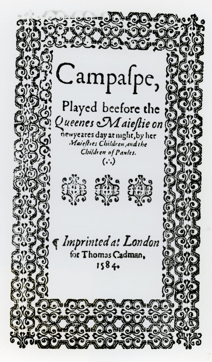 Frontyspis do Campaspe autorstwa Johna Lyly (ok. 1554-1606) 1584 autorstwa English School