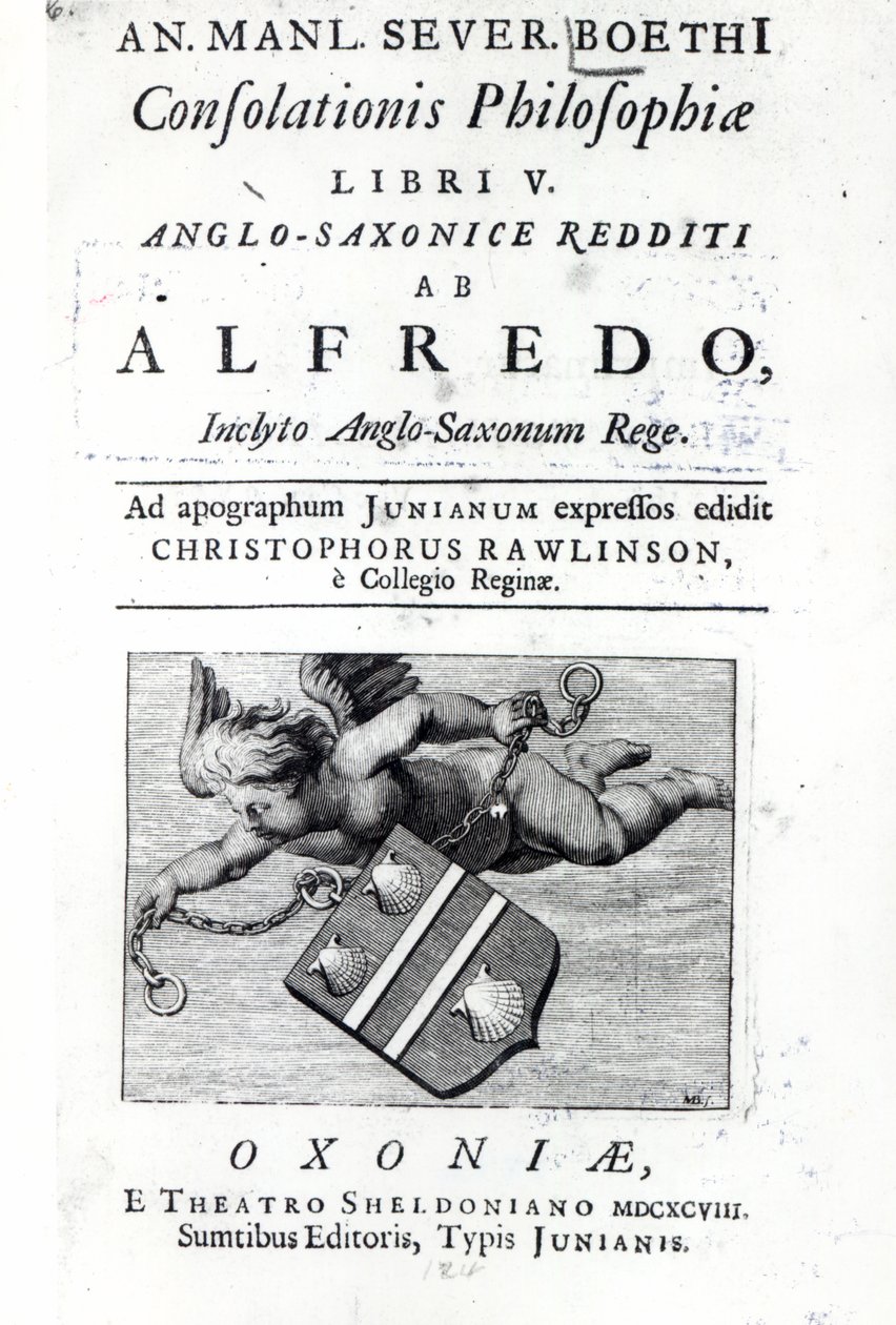 Frontyspis do przekładu Christophera Rawlinsona Alfreda Wielkiego wydanie Boethius De Consolationis Philosophiae, 1698 (druk) autorstwa English School