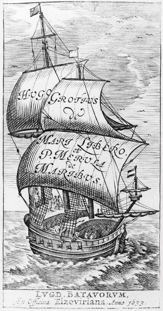 Frontyspis do De Maribus liber, Hugo Grotius i Paulus van Merula de Maribus, 1633 autorstwa English School