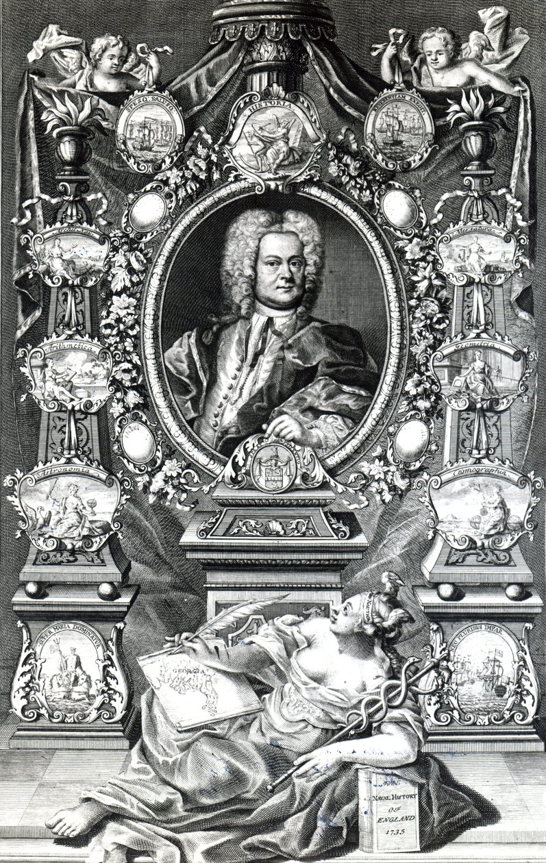 Frontyspis do historii marynarki wojennej Anglii autorstwa Thomasa Lediarda, opublikowany w 1735 r autorstwa English School