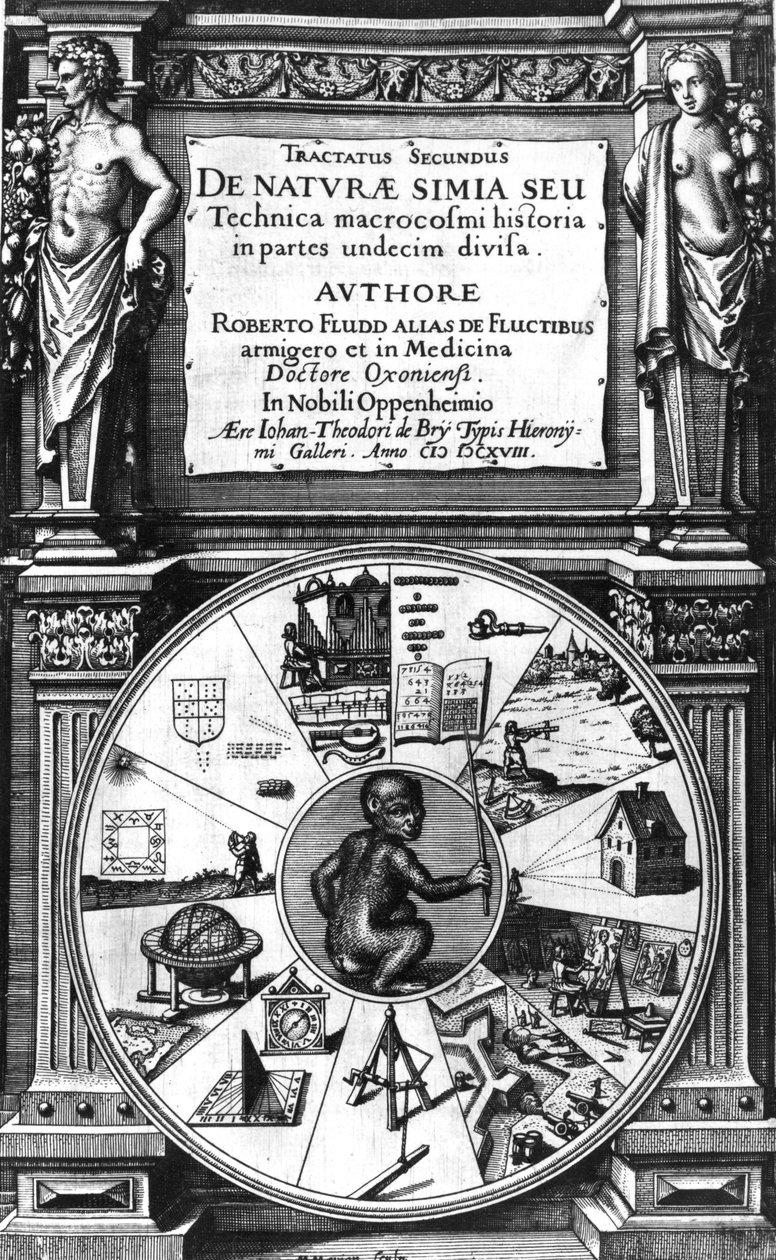 Frontyspis do Historii wielkiego kosmopolity Roberta Fluddsa: Traktat o naturze makrokosmosu Simia autorstwa English School