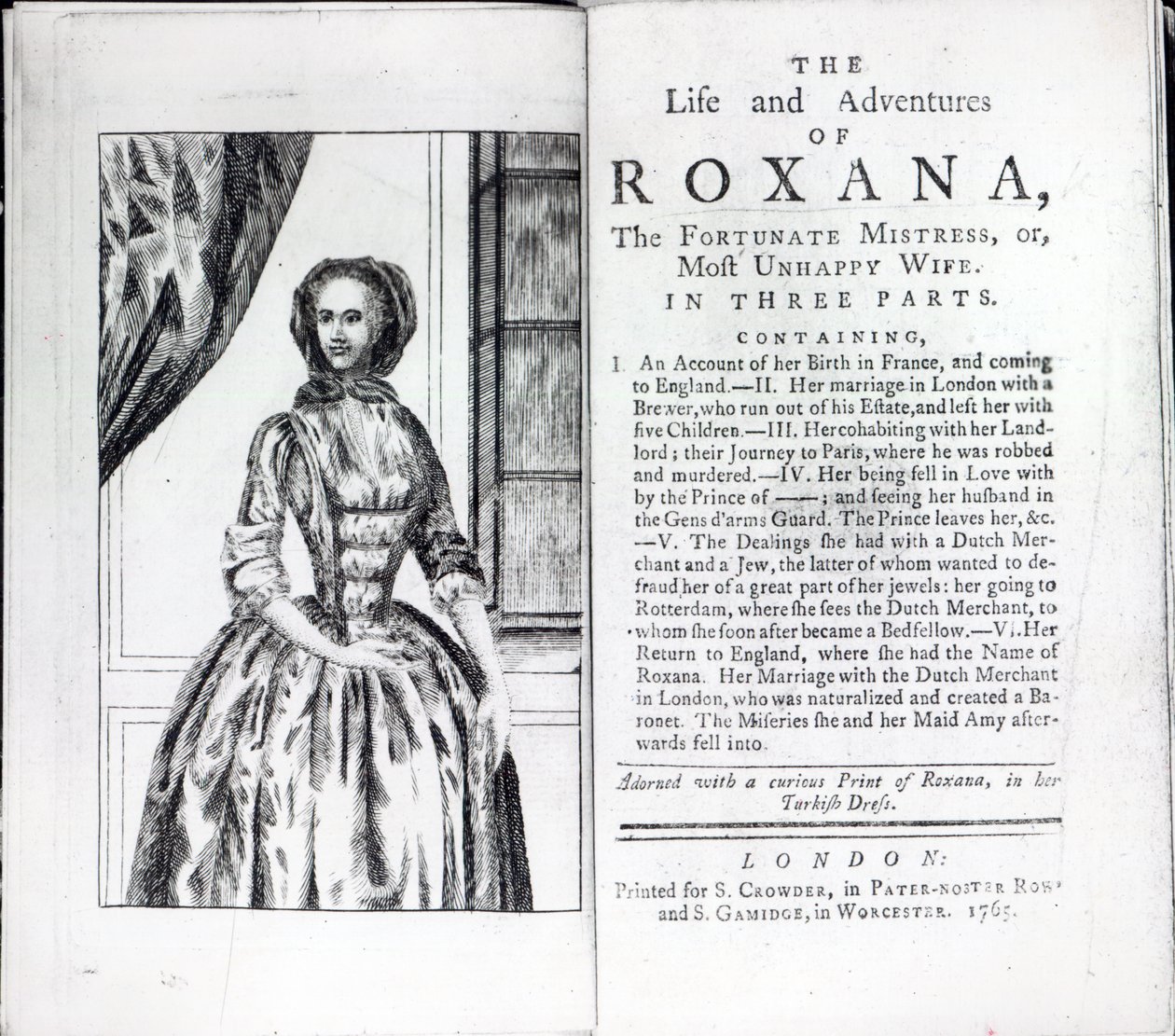 Frontispiece do Roxany, The Fortunate Mistress autorstwa Daniela Defoe, wydanie opublikowane w 1765 (druk) autorstwa English School