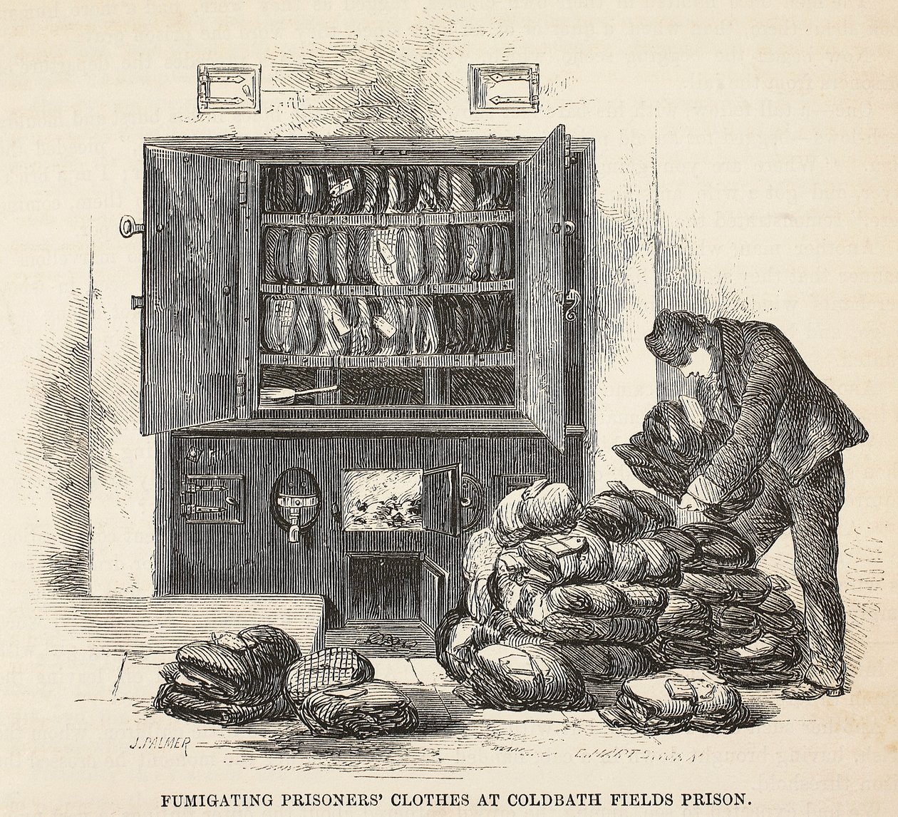 Fumigujące ubrania więźniów w więzieniu Coldbath Fields, ilustracja z The Criminal Prisons of London i Scenes from Prison Life autorstwa Henry