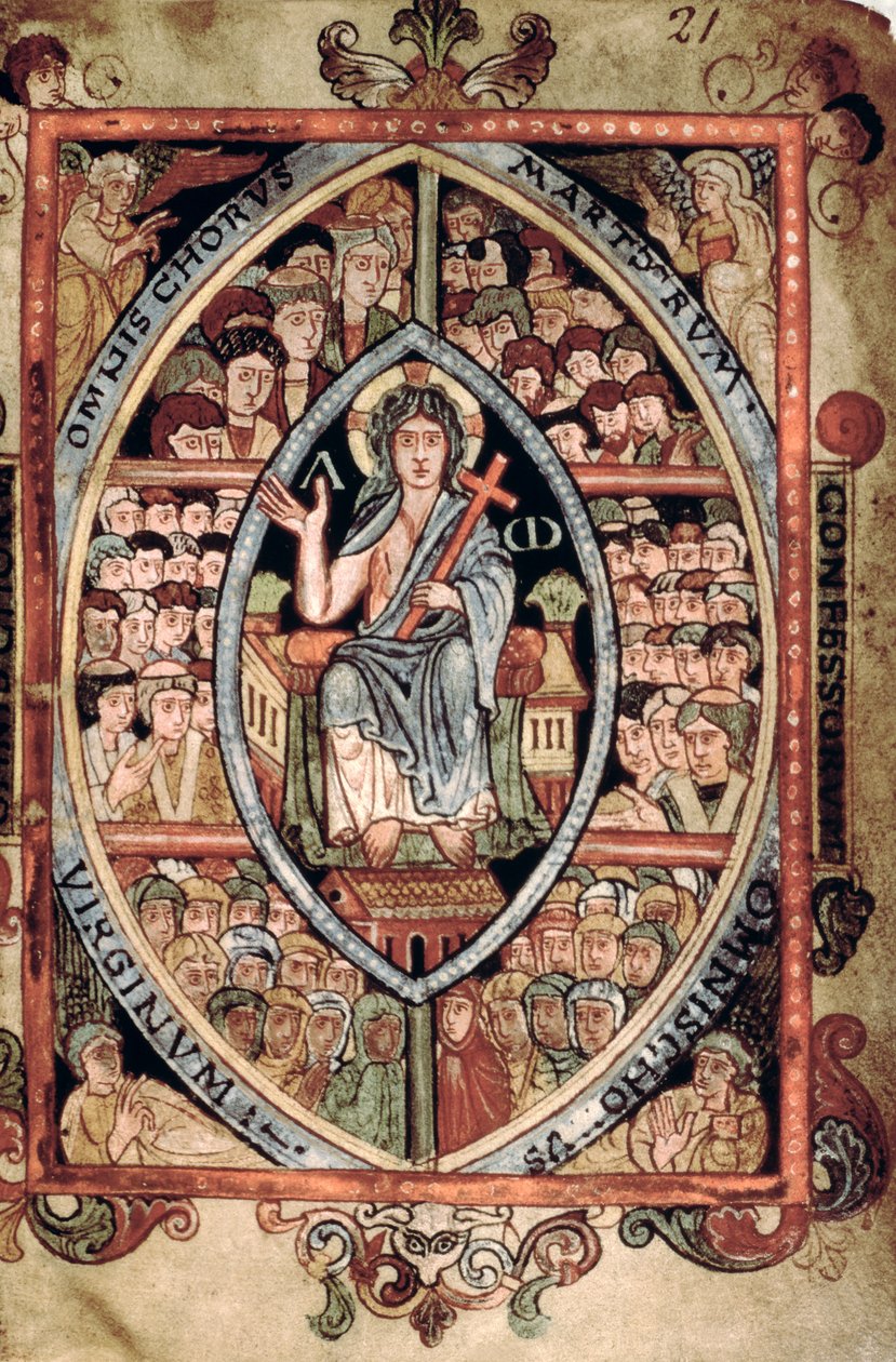 Galba A XVIII f.21r, Chrystus w majestacie, z psałterza Athelstana, Old Minster, Winchester, 925-50 (welum) autorstwa English School