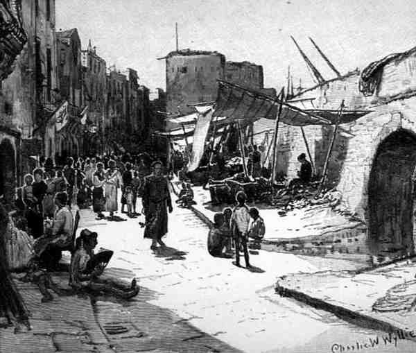 Garibaldi Street, Taranto, Włochy, z „Malowniczego Morza Śródziemnego”, tom 3, grawerowane przez Charlesa Williama Wyllie (1853-1923), wydane przez Cassell and Co. Ltd. autorstwa English School