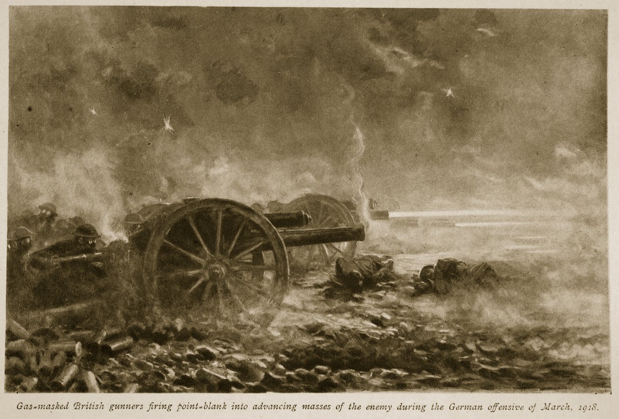 Brytyjscy artylerzyści zamaskowani gazem strzelali wprost w nacierające masy wroga podczas niemieckiej ofensywy w marcu 1918, 1918-19 autorstwa English School