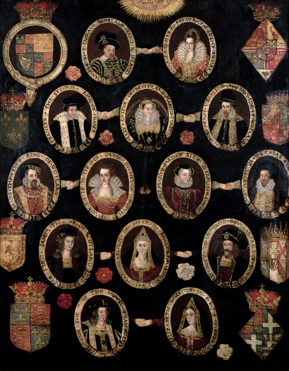 Wykres genealogiczny śledzący korzenie Tudorów Marii Stuart, królowej Szkotów (1542-87) i jej syna Jakuba VI ze Szkocji i I Anglii (1566-1625) c.1603 autorstwa English School