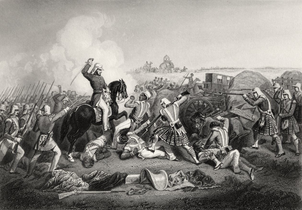 Atak generała Havelocka na Nana Sahiba w Futtypore w 1857 r., z „Historii buntu indyjskiego”, opublikowanej w 1858 r. autorstwa English School