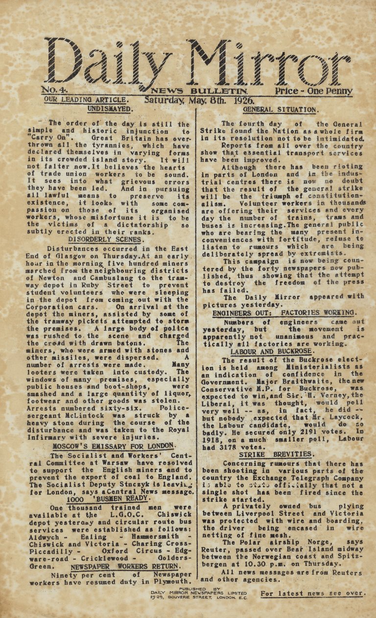 Strajk generalny opisany w Daily Mirror (rycina) autorstwa English School