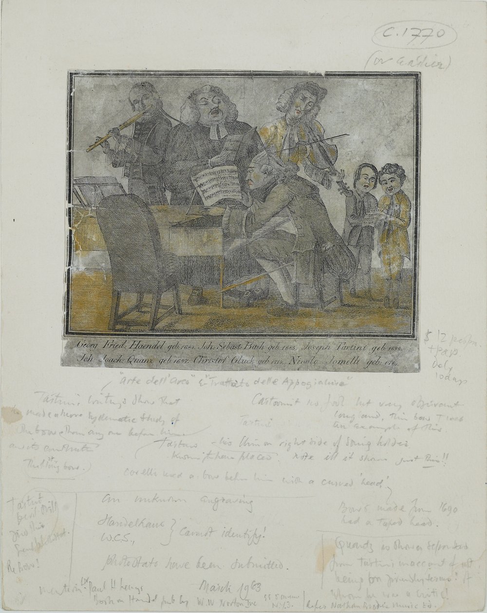 George Frideric Handel, Johann Sebastian Bach, Giuseppe Tartini, Johann Joachim Quantz, Christoph Gluck, Nicolo Jomelli, ok. 1750 (ręcznie barwiony grawerunek) autorstwa English School