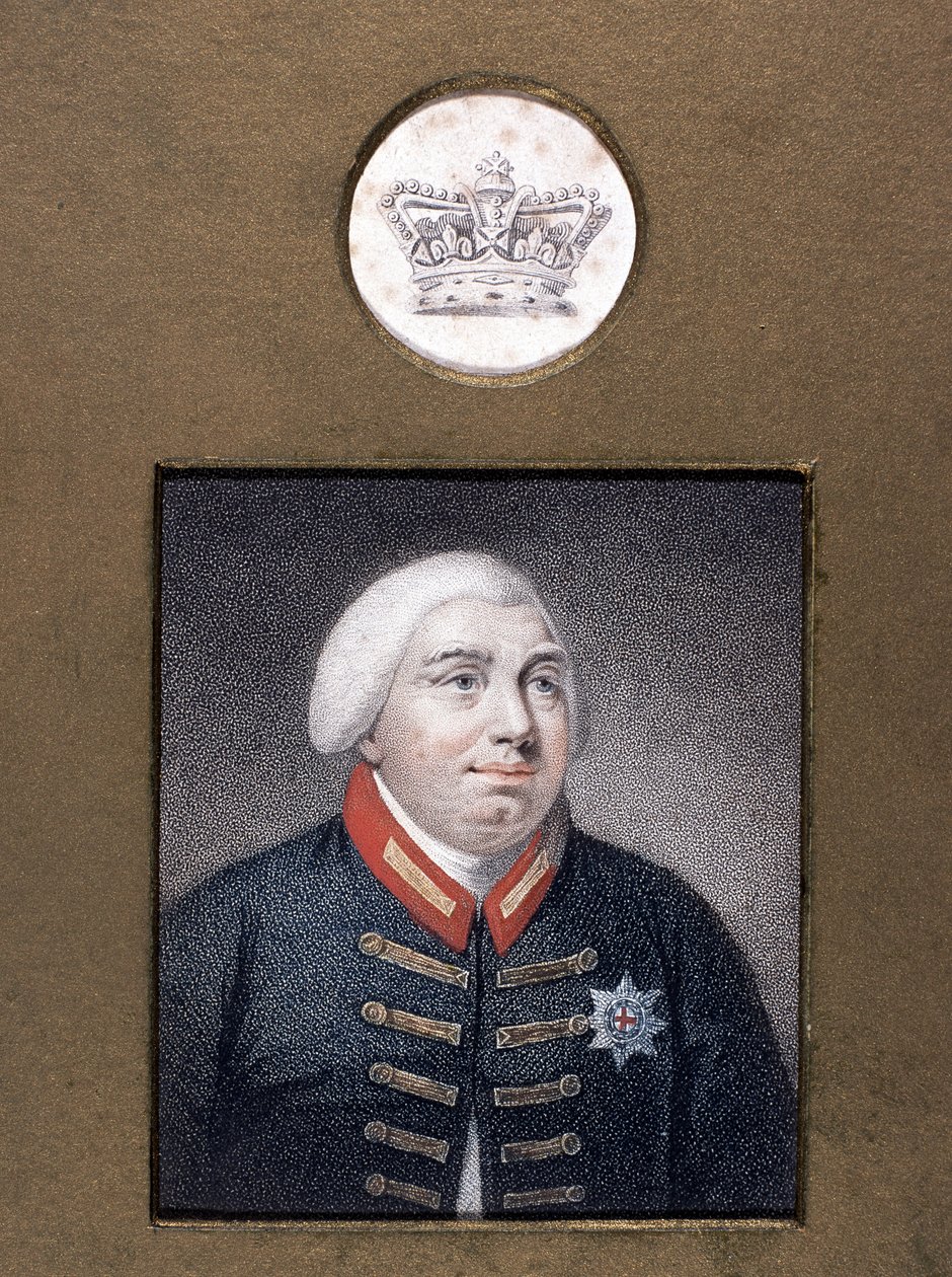 Jerzy III (1738-1820) w mundurze Windsor, ok. 1790 (kolorowe grawerowanie punktowane) autorstwa English School