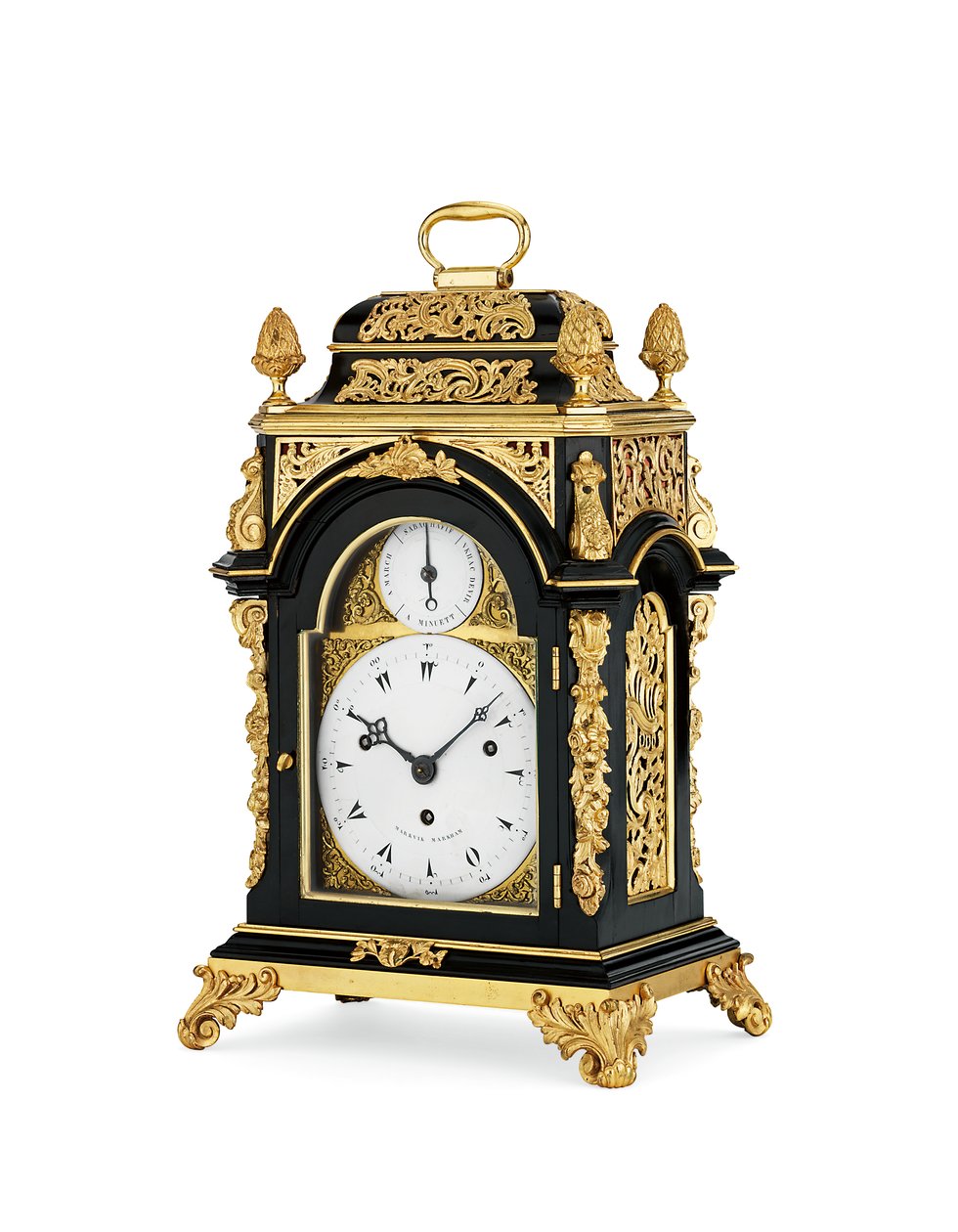 Mały, ebonizowany ośmiodniowy zegar stołowy George III na ormolu, ok. 1765 (ormolu i obudowa z ebonizowanego drewna) autorstwa English School